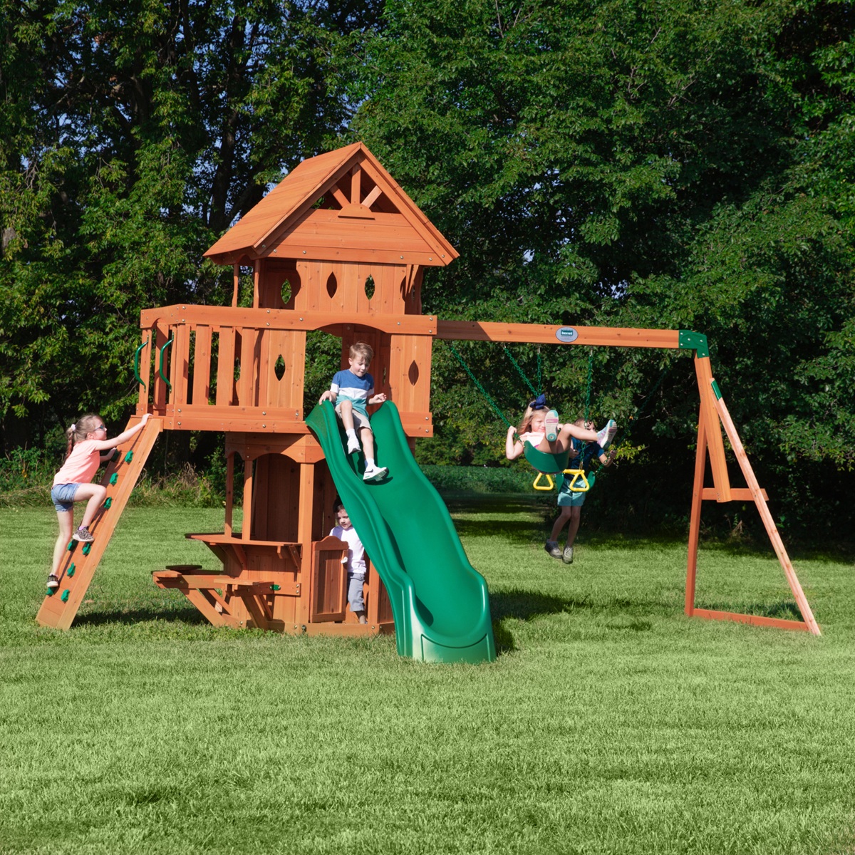 Woodland Swing Set With Green Wave Slide